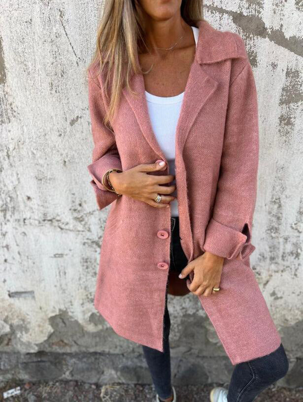 Lapel Single Breasted Cardigan With Pockets Fashion Color Solid Mid-Length Outwear Coat Womens Clothing
