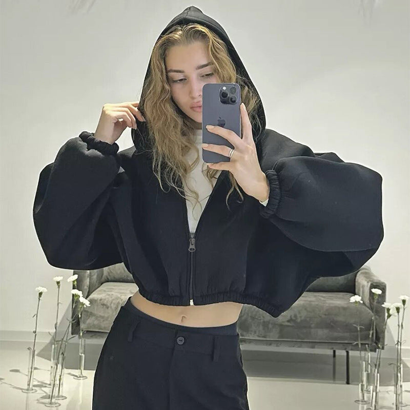 Casual Solid Color Hooded Short Jacket Y2K Fashion Sports Sweatshirt Long Sleeve Zip Up Cardigan Hoodies Women's Clothing
