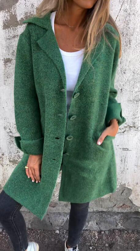 Lapel Single Breasted Cardigan With Pockets Fashion Color Solid Mid-Length Outwear Coat Womens Clothing
