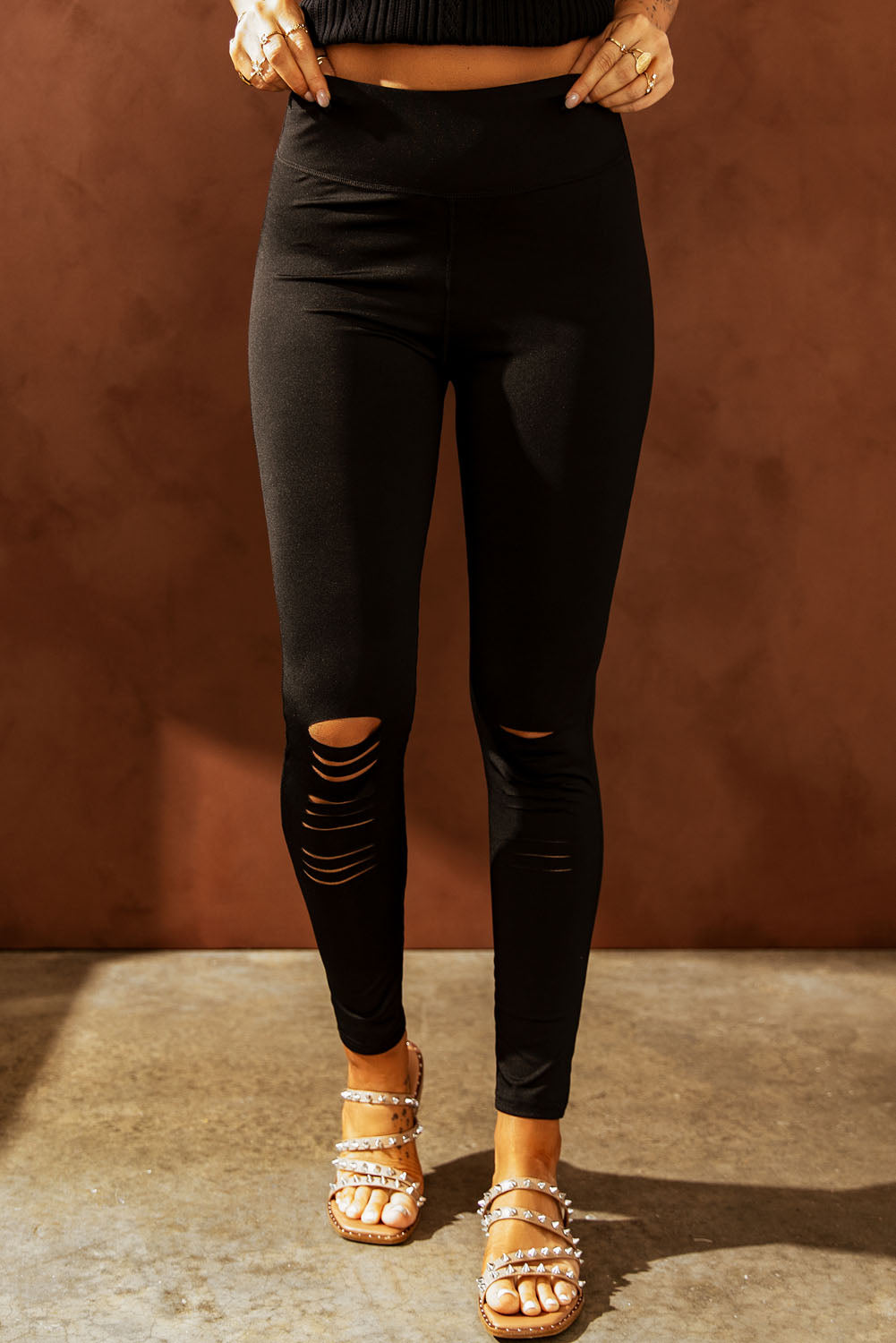 Wide Waistband Distressed Slim Fit Leggings
