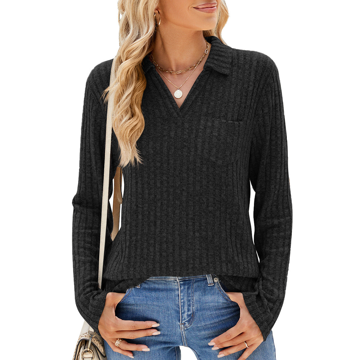 Solid Color Polo Collar Pocket Long Sleeve Loose-fitting T-shirt Top Women
