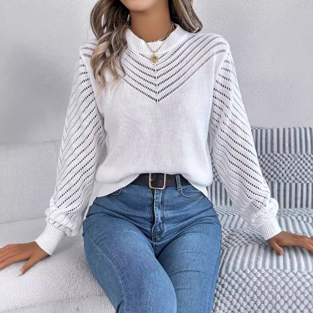 Casual Hollow Round Neck Pullover Sweater Fashion Solid Color Lantern Sleeve Top Womens Clothing
