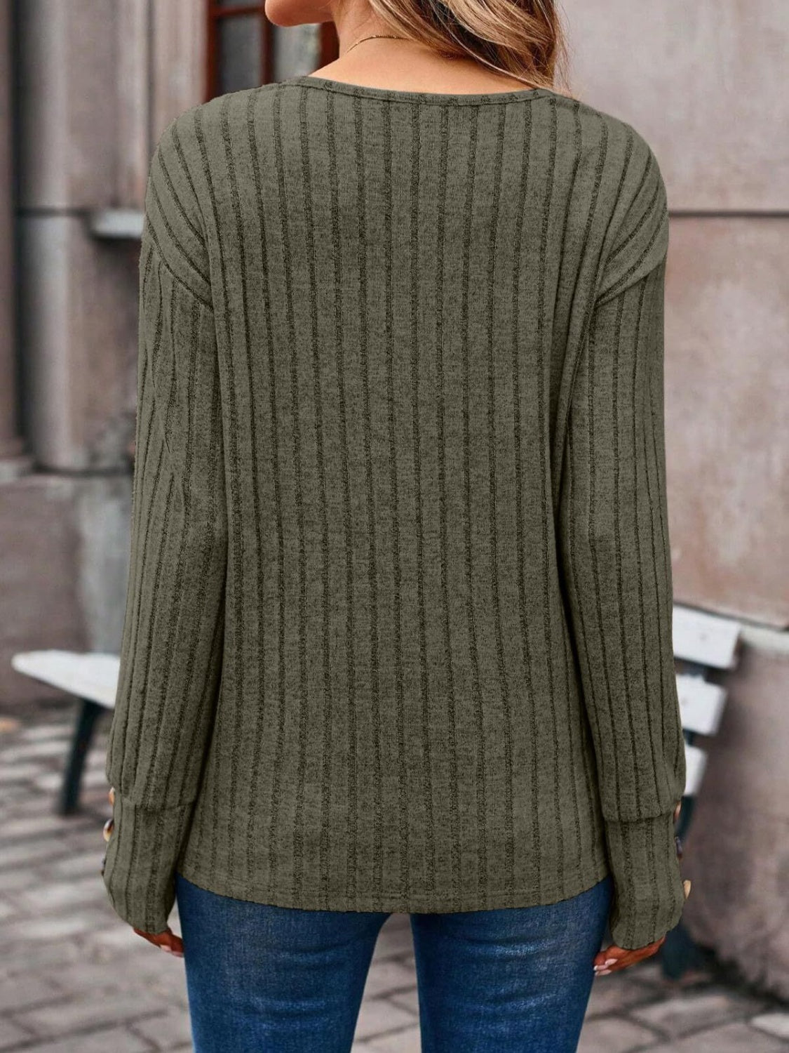 Ribbed V-Neck Long Sleeve T-Shirt
