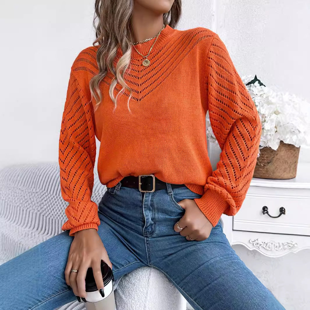 Casual Hollow Round Neck Pullover Sweater Fashion Solid Color Lantern Sleeve Top Womens Clothing
