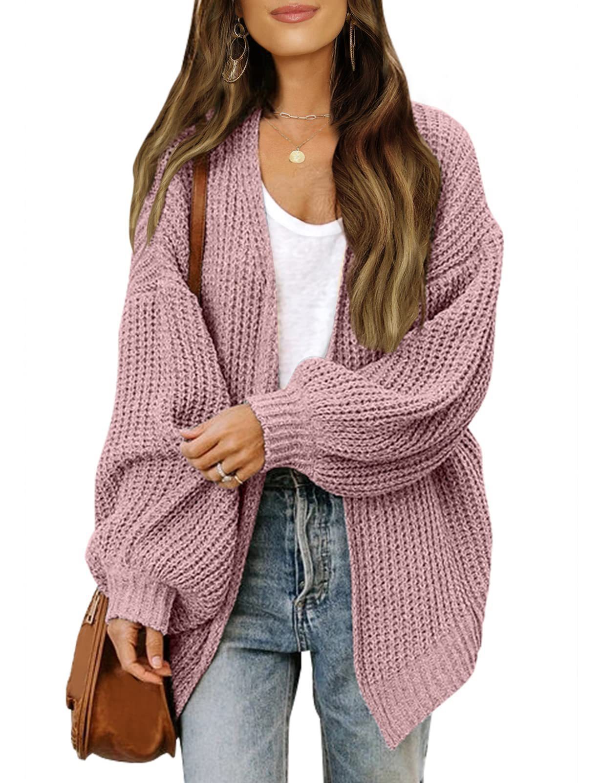 Fashion Lantern-sleeved Sweater With Pockets Casual Loose Solid Knit Cardigan Autumn Tops Womens Clothing
