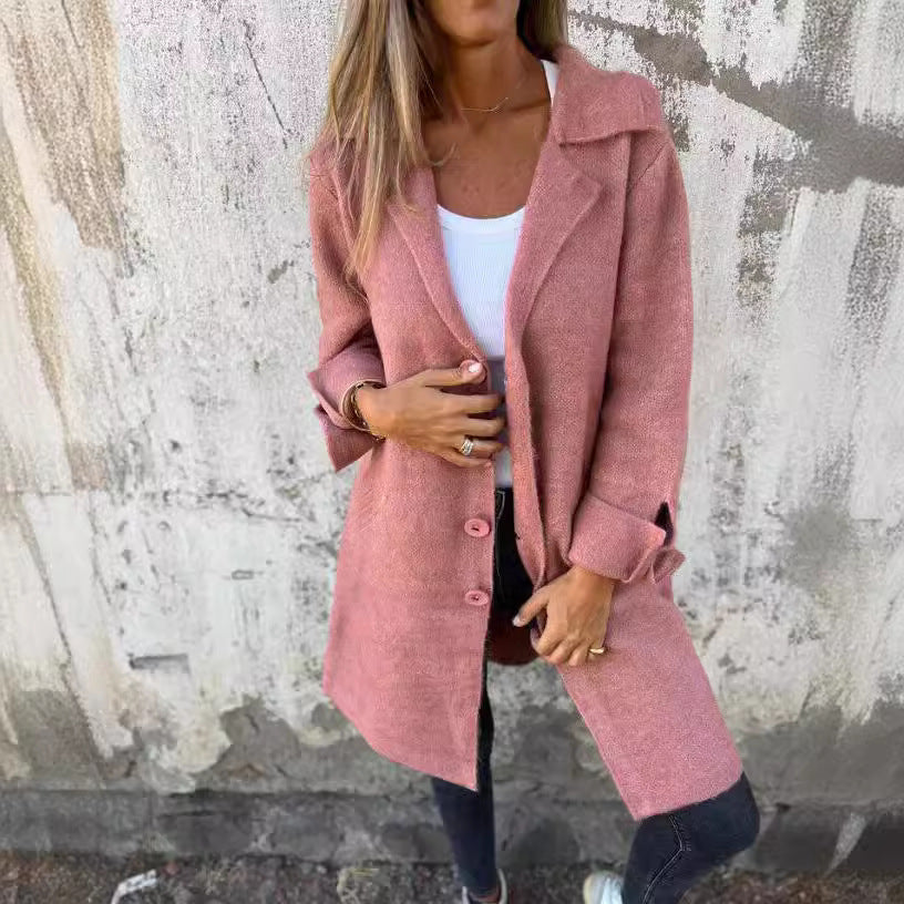 Lapel Single Breasted Cardigan With Pockets Fashion Color Solid Mid-Length Outwear Coat Womens Clothing
