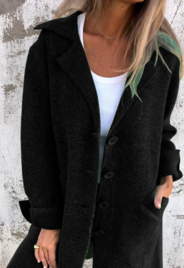 Lapel Single Breasted Cardigan With Pockets Fashion Color Solid Mid-Length Outwear Coat Womens Clothing
