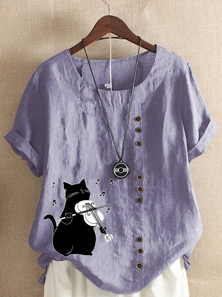 Summer Cotton And Linen Short Sleeve Top Cartoon Printed T-shirt
