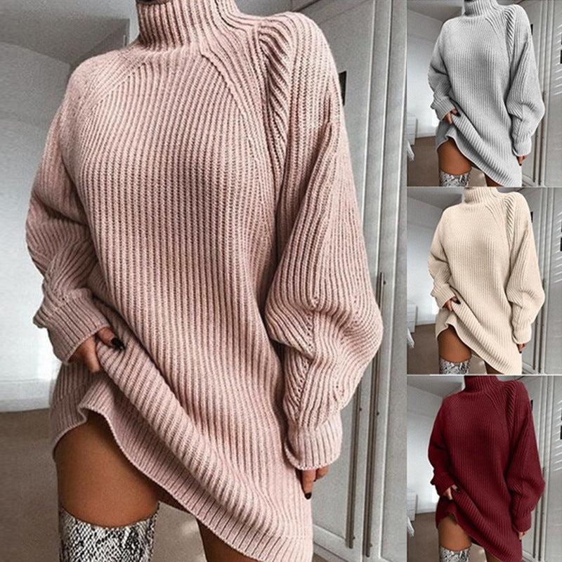 Solid Turtleneck Long Sweater Winter Warm Women Sweater Dress
