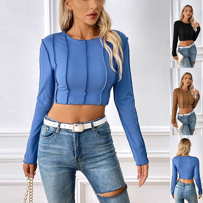 New Slim Long Sleeve T-shirt With Exposed Stitching Design Y2K Fashion Sexy Navel-exposed Short Top Womens Clothing
