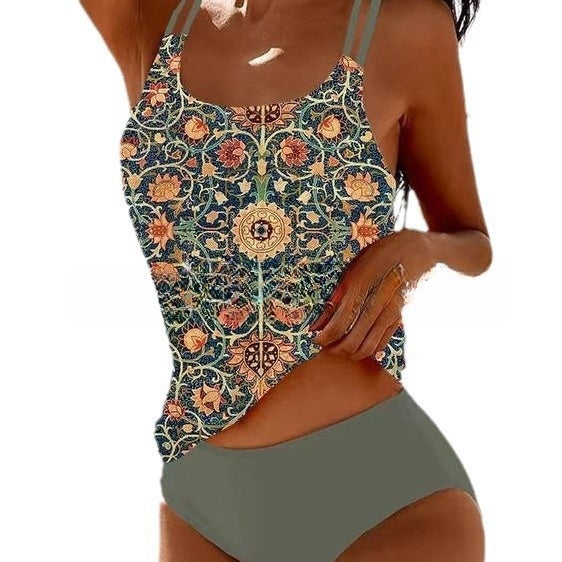 Retro Split High Waist Bikini Beach Print Strap Swimsuit
