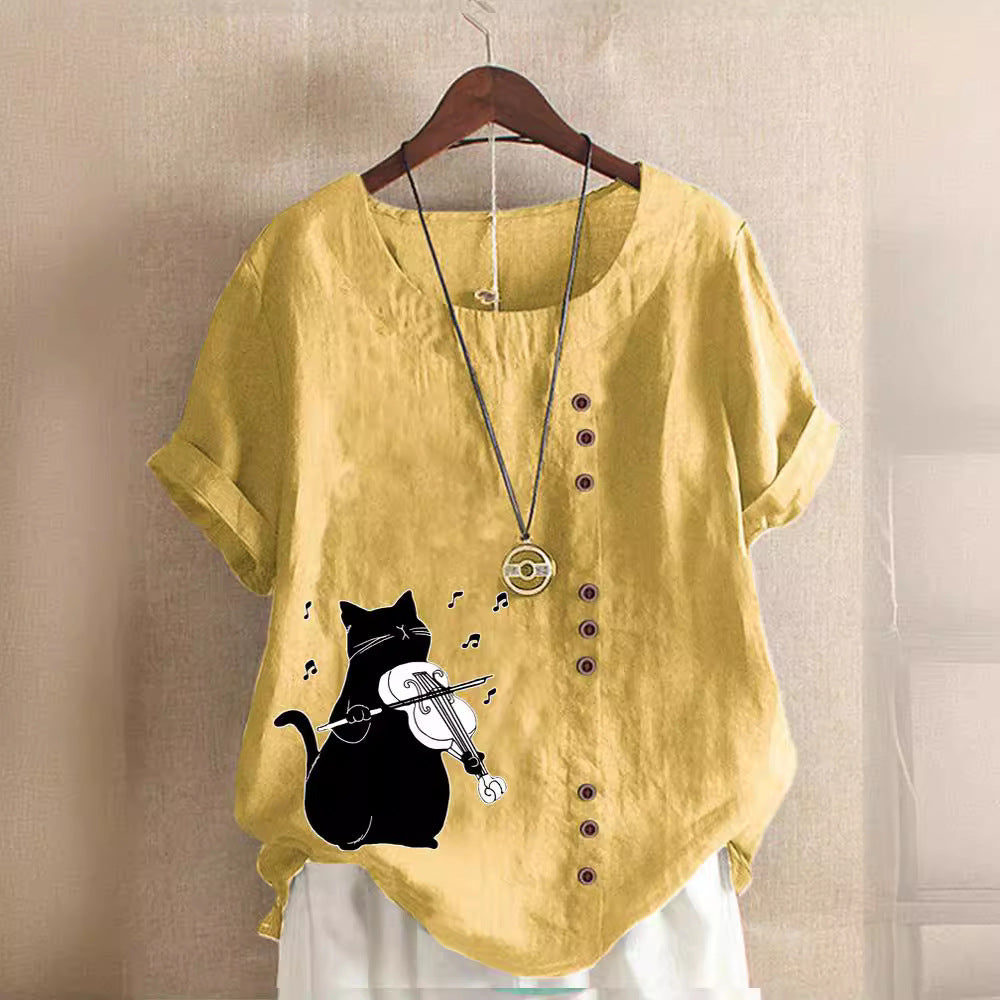 Summer Cotton And Linen Short Sleeve Top Cartoon Printed T-shirt
