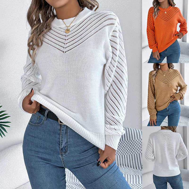 Casual Hollow Round Neck Pullover Sweater Fashion Solid Color Lantern Sleeve Top Womens Clothing
