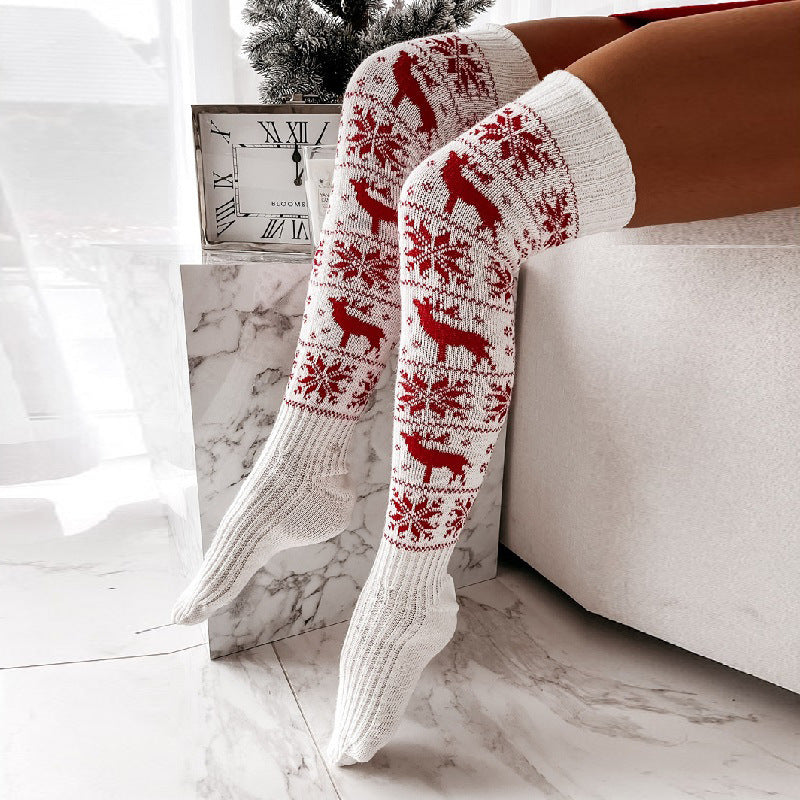 Winter Christmas Warm Knitted Women Stocking Beautiful Elk Snowflake Jacquard Over-the-knee Casual Long Socks For Ladies Gifts Free Size
