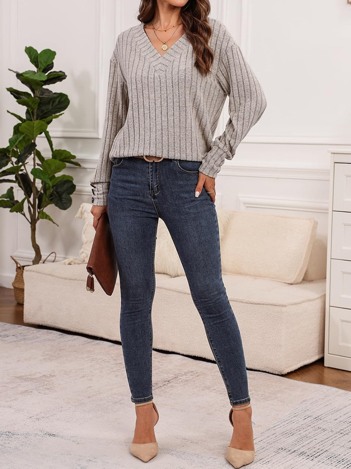 Ribbed V-Neck Long Sleeve T-Shirt
