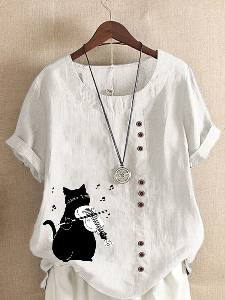 Summer Cotton And Linen Short Sleeve Top Cartoon Printed T-shirt
