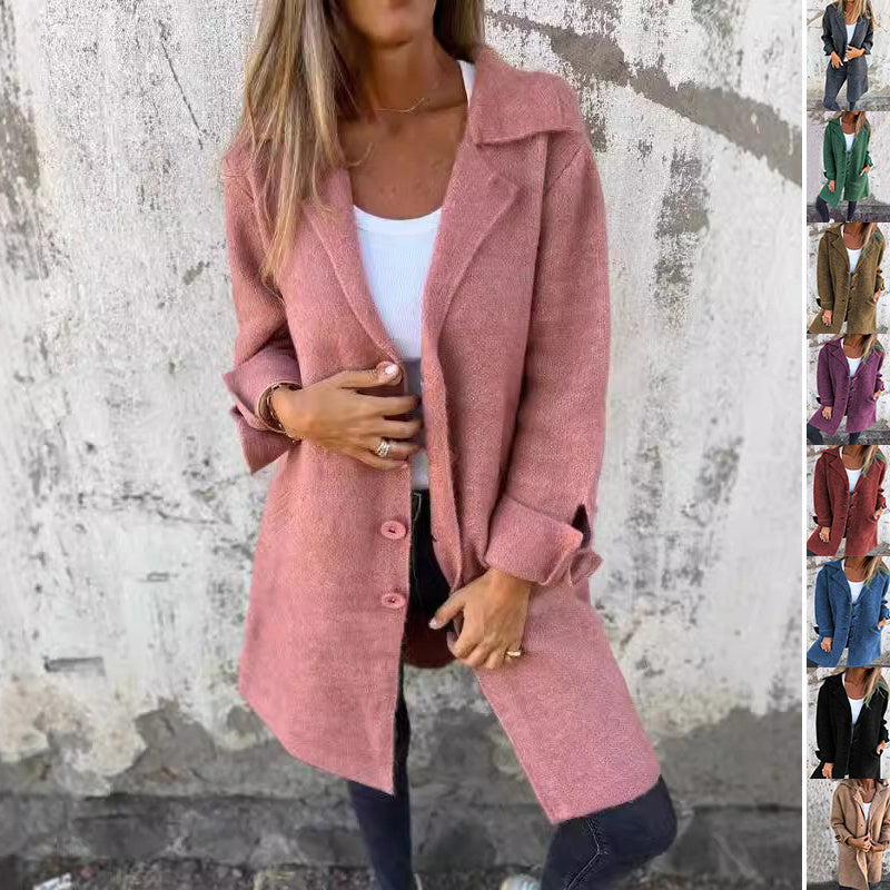 Lapel Single Breasted Cardigan With Pockets Fashion Color Solid Mid-Length Outwear Coat Womens Clothing
