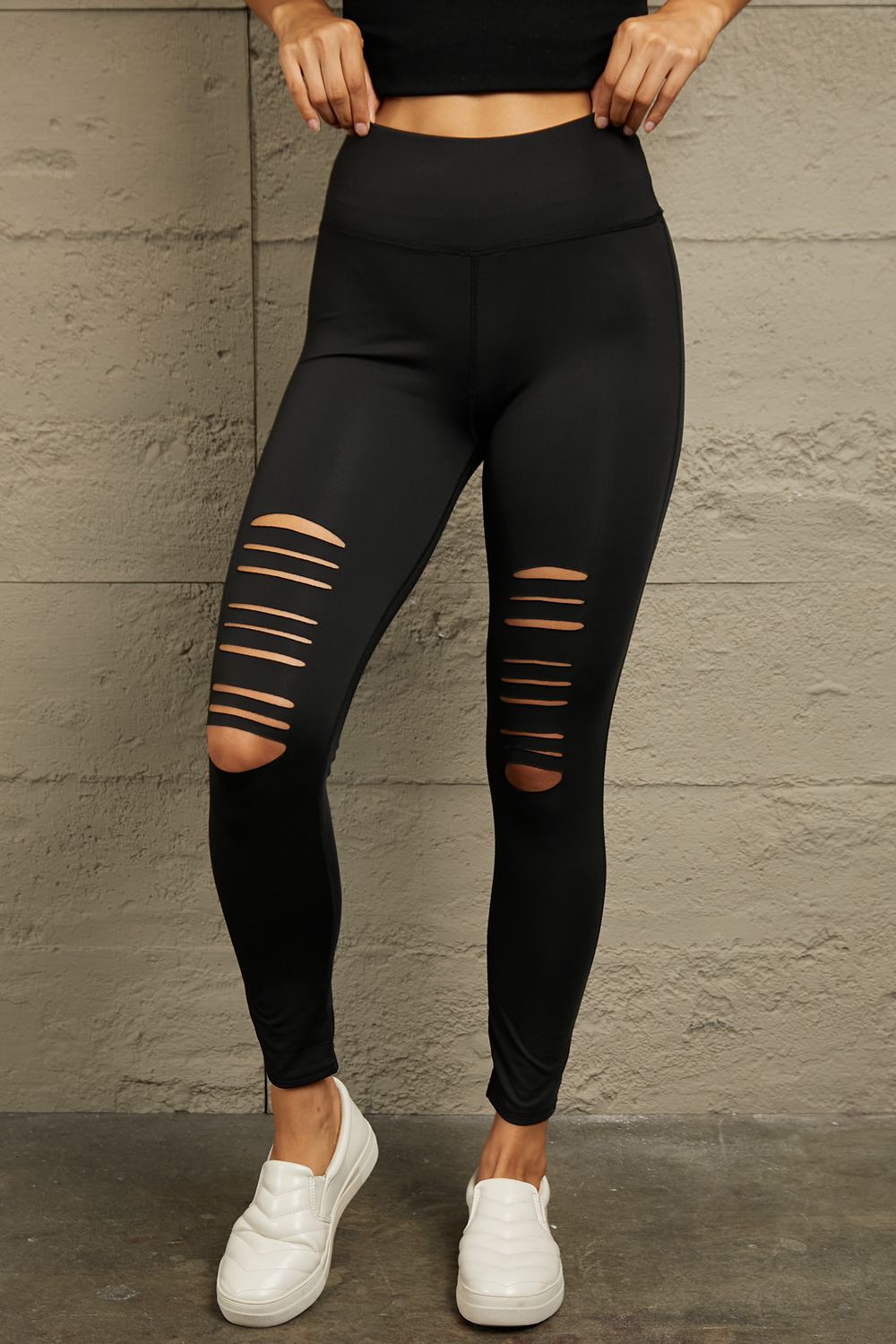 Wide Waistband Distressed Slim Fit Leggings
