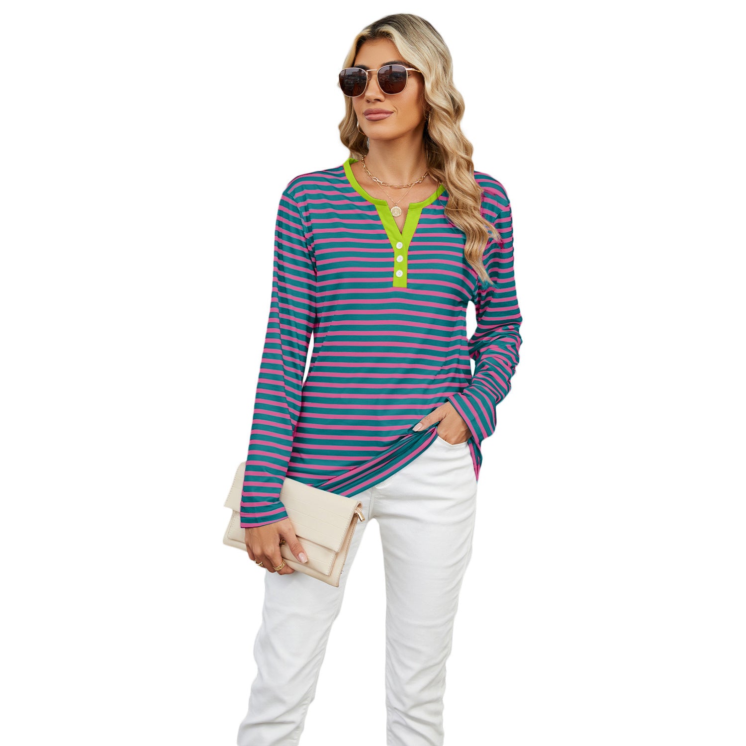 Women's V-neck Striped Loose Long-sleeved T-shirt Top
