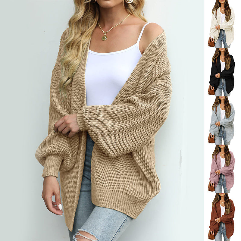 Fashion Lantern-sleeved Sweater With Pockets Casual Loose Solid Knit Cardigan Autumn Tops Womens Clothing
