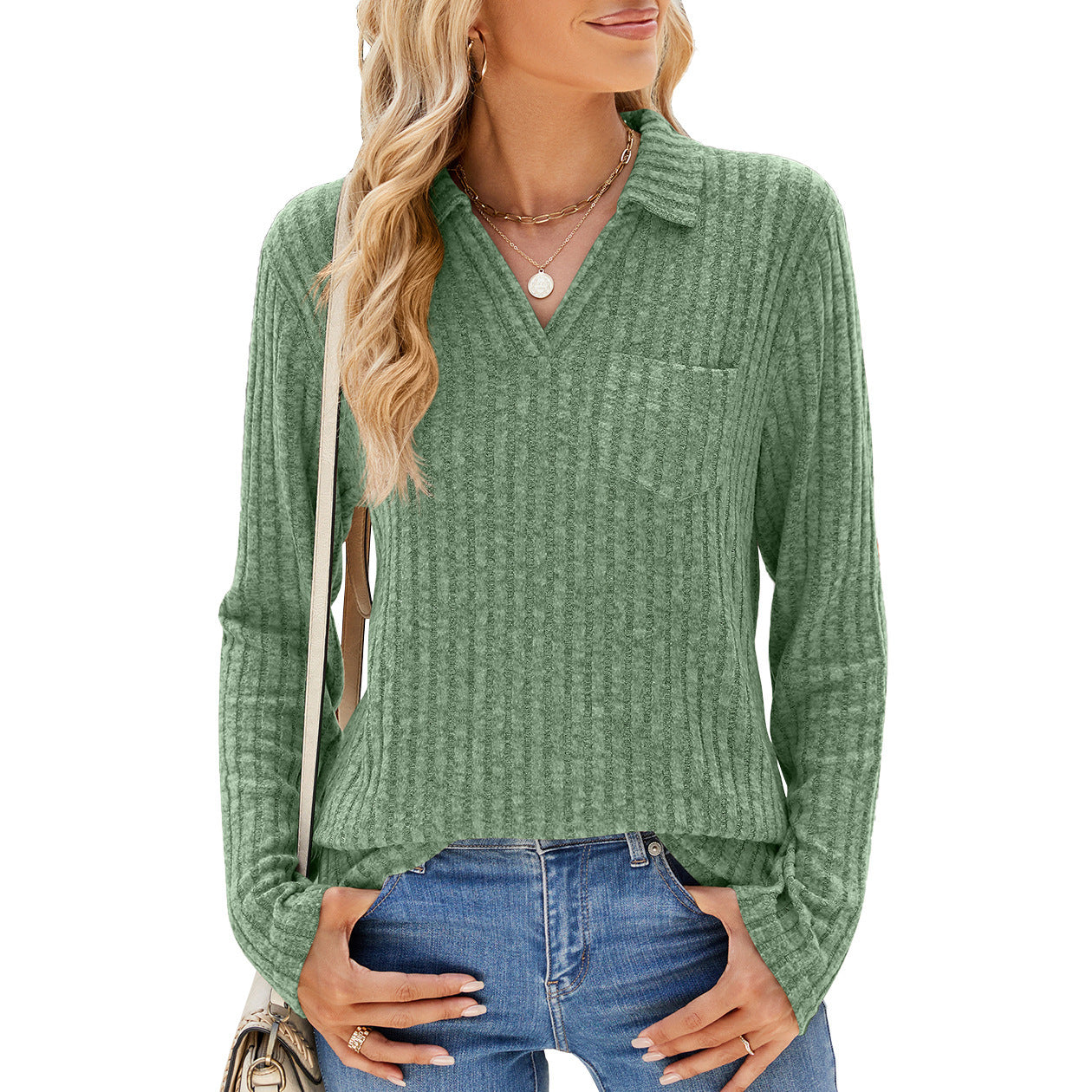 Solid Color Polo Collar Pocket Long Sleeve Loose-fitting T-shirt Top Women
