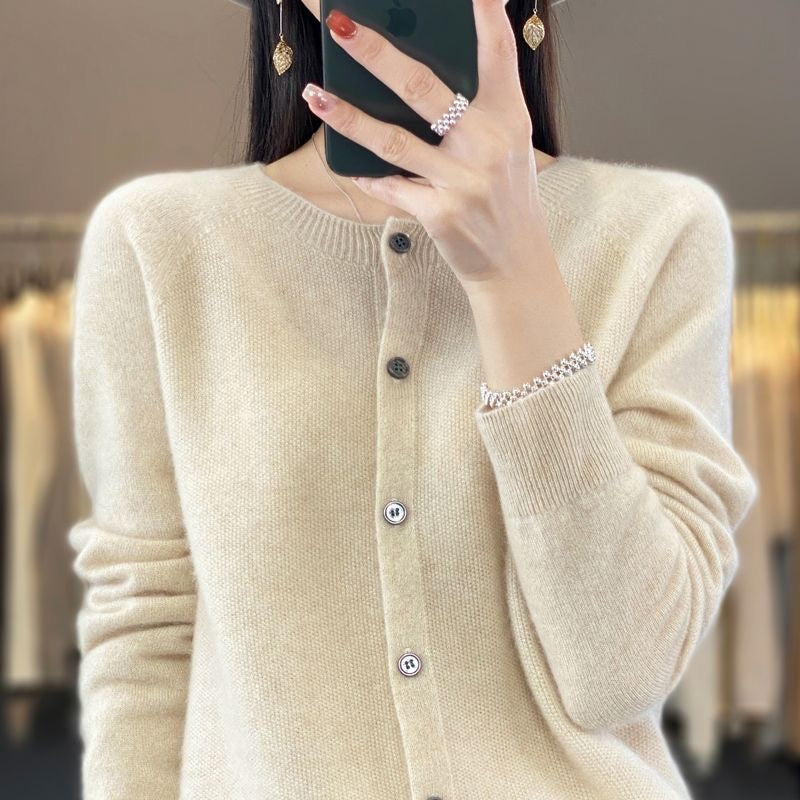 Fashion Merino Wool Cardigan Sweater Women O-Neck Long-sleeve Cashmere Knitwear Spring Autumn Female Clothing Tops
