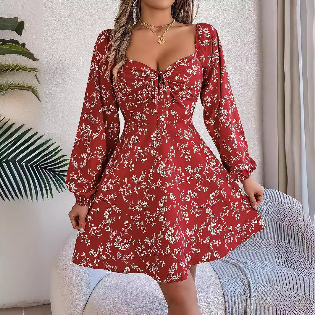 Fashion Floral Print Lantern Sleeve Dress Casual Sexy Tie Square Neck Long Sleeve A-Line Dress Women's Clothing
