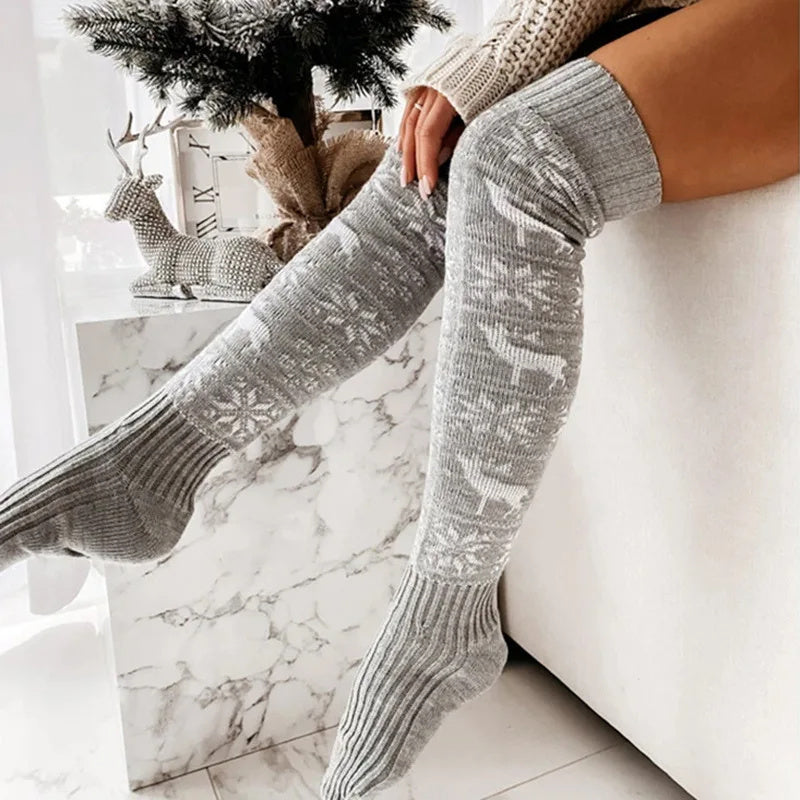 Winter Christmas Warm Knitted Women Stocking Beautiful Elk Snowflake Jacquard Over-the-knee Casual Long Socks For Ladies Gifts Free Size
