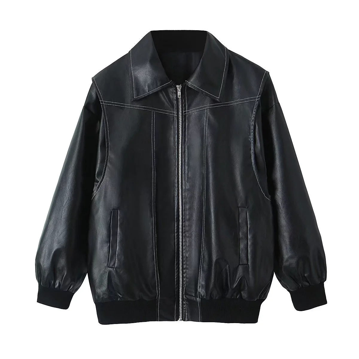 Loose Fashion Lapel Zip-up Jacket Cool Long Sleeve Zipper Closure Moto Biker Leather Jacket Womens Clothing
