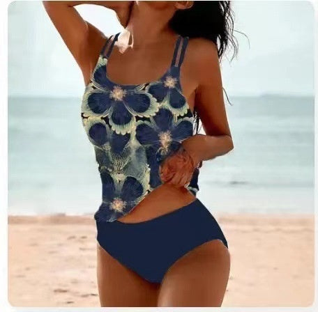 Retro Split High Waist Bikini Beach Print Strap Swimsuit
