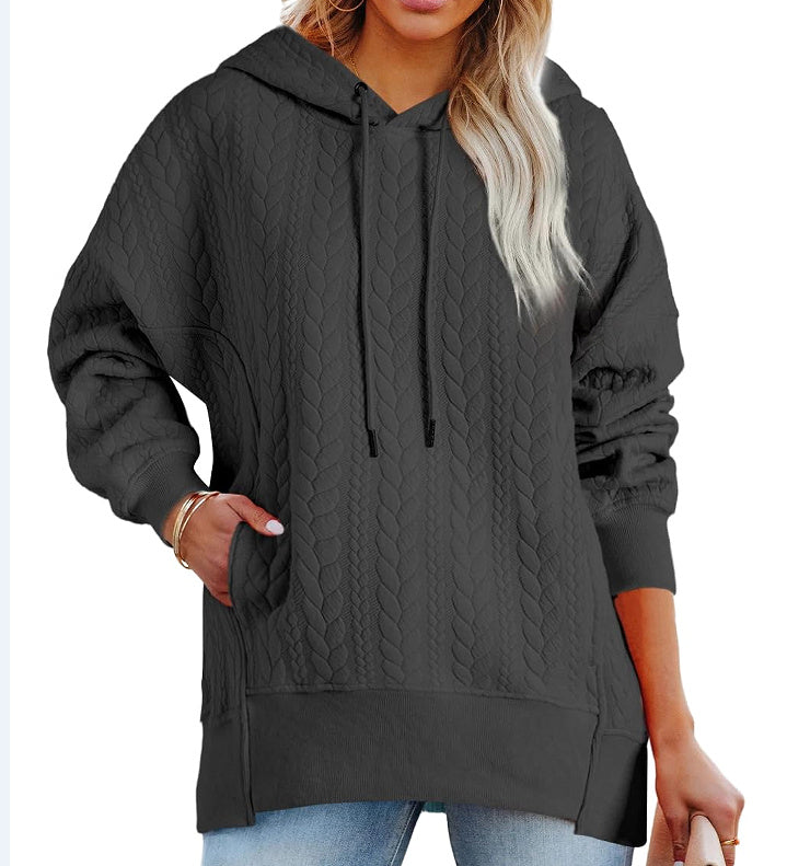 Twist Texture Solid Color Casual Hoodie Sweater Top
