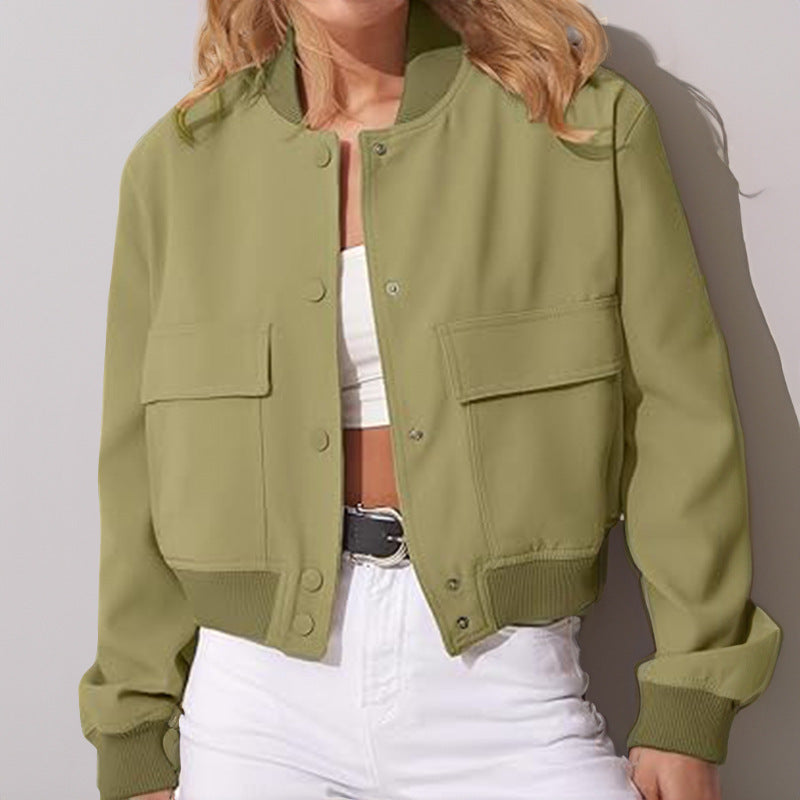 Fashion Button Stand-collar Jacket With Big Pockets Casual Loose Short Outwear Tops Coat For Women Clothing
