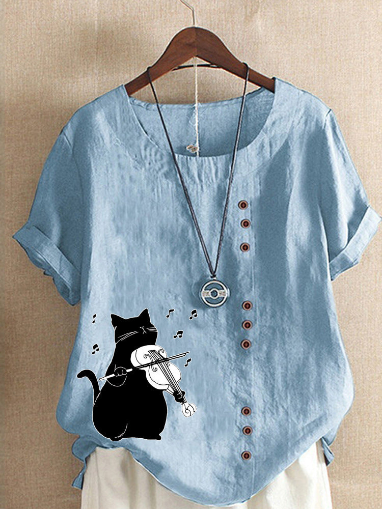 Summer Cotton And Linen Short Sleeve Top Cartoon Printed T-shirt
