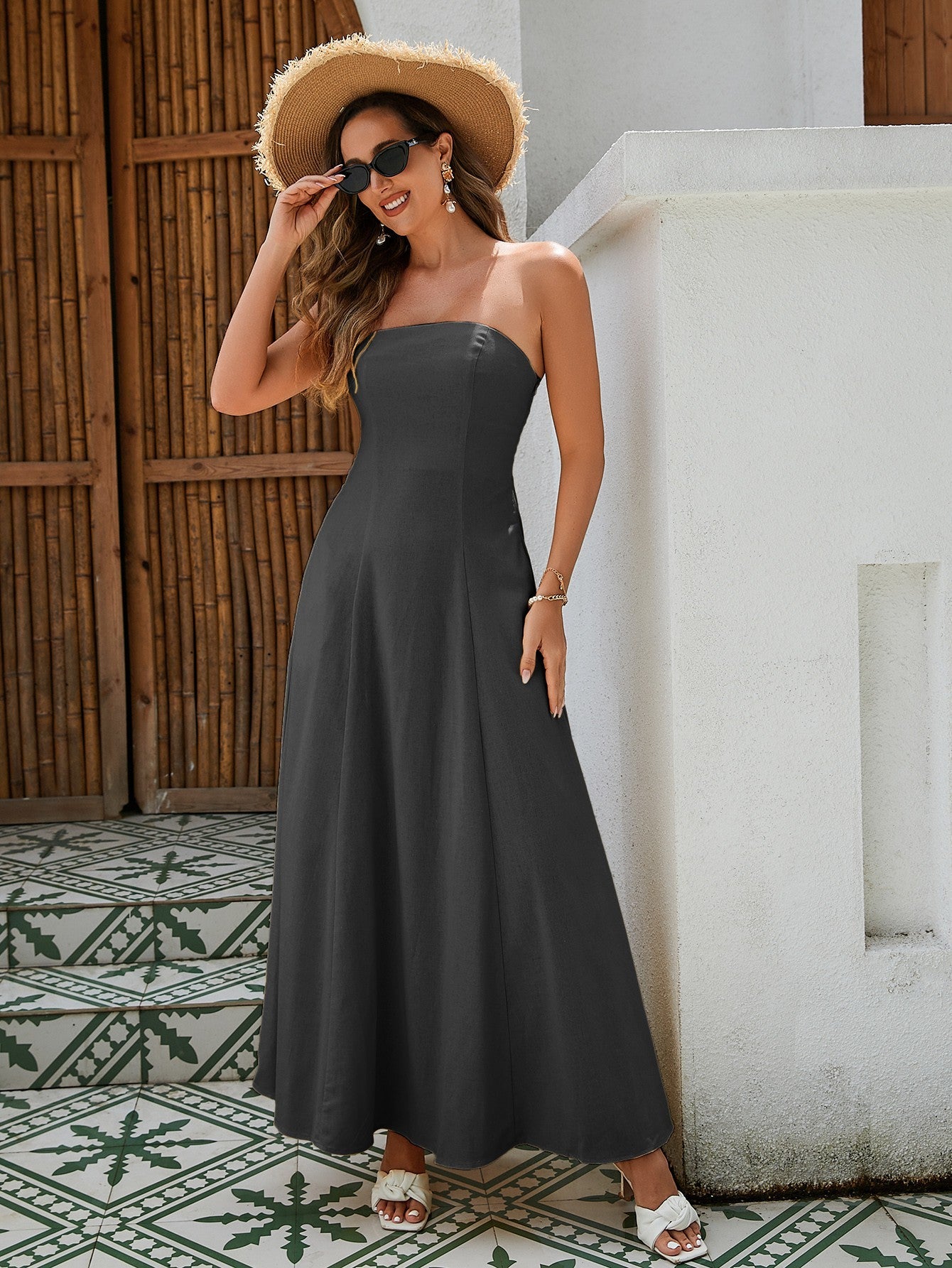 Women's Strapless Linen Maxi Dress - Breathable Fabric With Shirred Back, Flattering A-Line Cut In Classic Black, White, And Yellow
