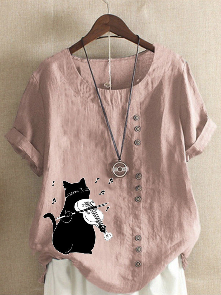 Summer Cotton And Linen Short Sleeve Top Cartoon Printed T-shirt
