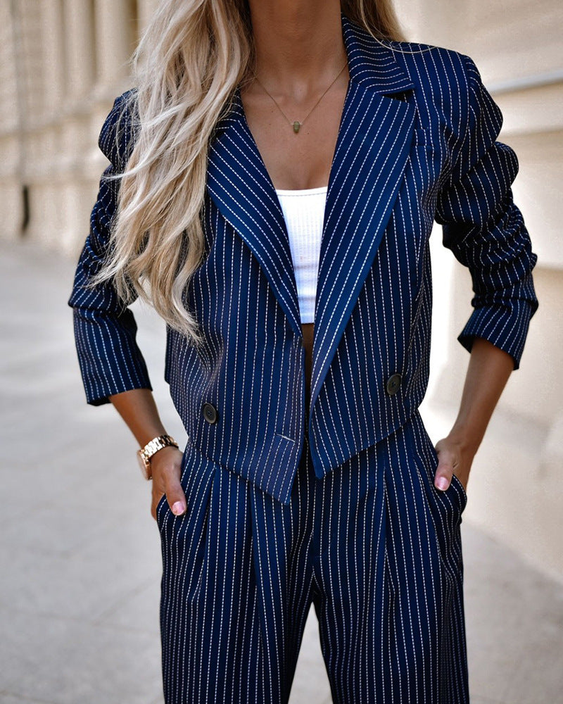 Fashion Striped Suits Casual Lapel Long Sleeve Cropped Top And Straight Pants Outfits Women's Clothing
