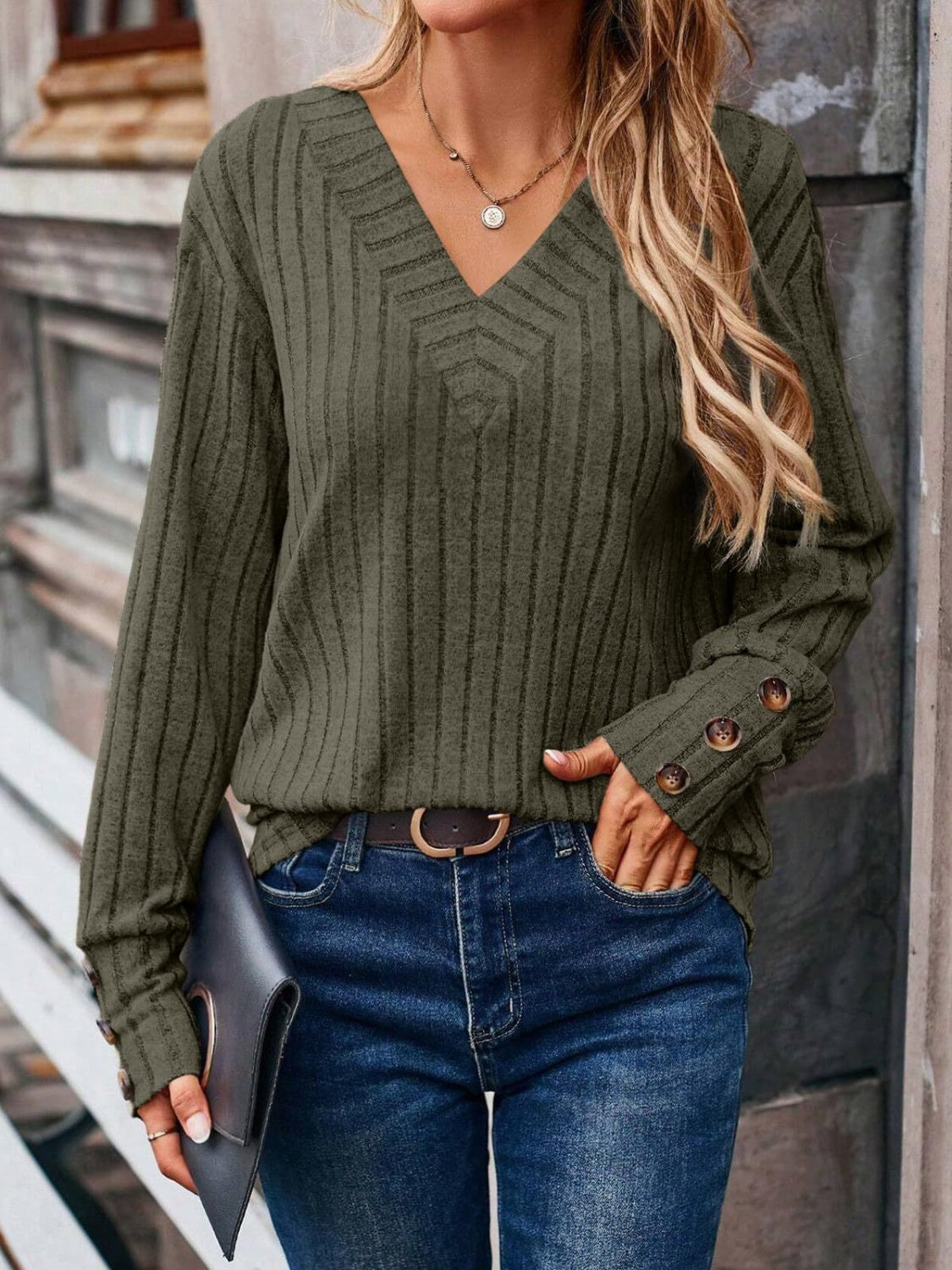 Ribbed V-Neck Long Sleeve T-Shirt
