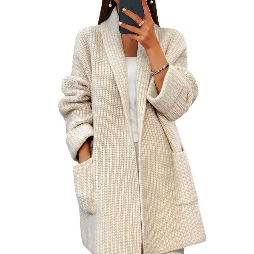 Lapel Knitted Cardigan With Pockets Fashion Casual Loose Sweater Jacket Fall Spring Women's Clothing
