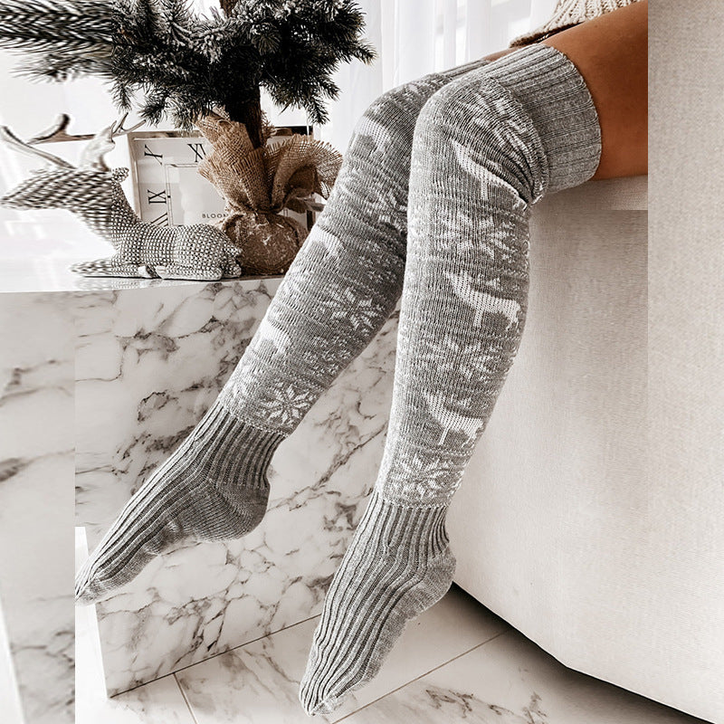 Winter Christmas Warm Knitted Women Stocking Beautiful Elk Snowflake Jacquard Over-the-knee Casual Long Socks For Ladies Gifts Free Size
