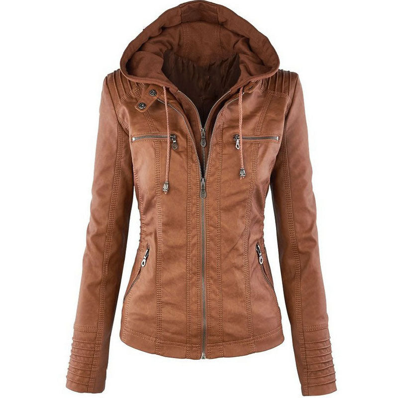 Fashion Detachable Hooded Jacket With Pockets Casual Solid Color Zipper Long Sleeve Leather Coat Autumn Winter Women's Clothing
