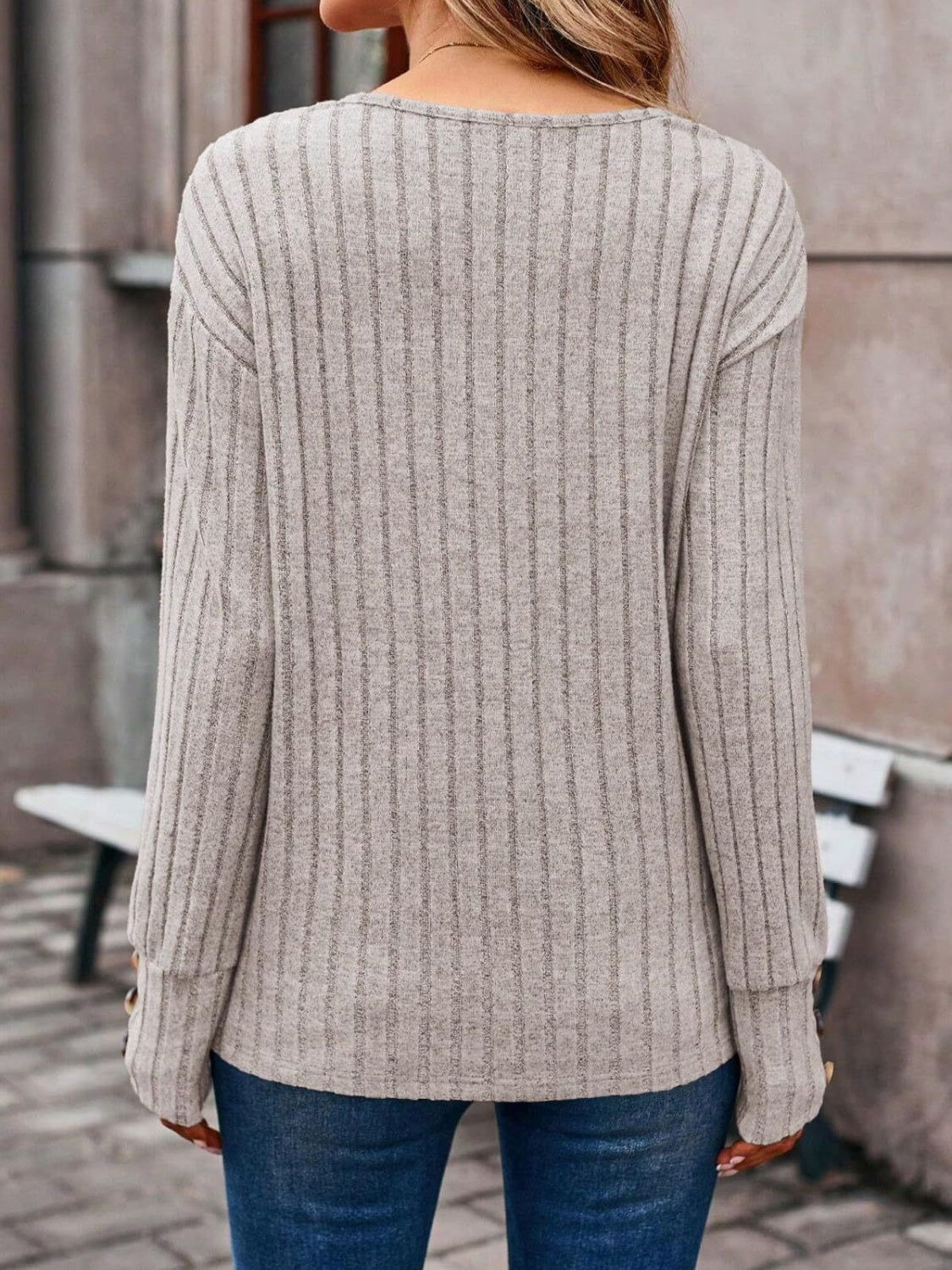 Ribbed V-Neck Long Sleeve T-Shirt
