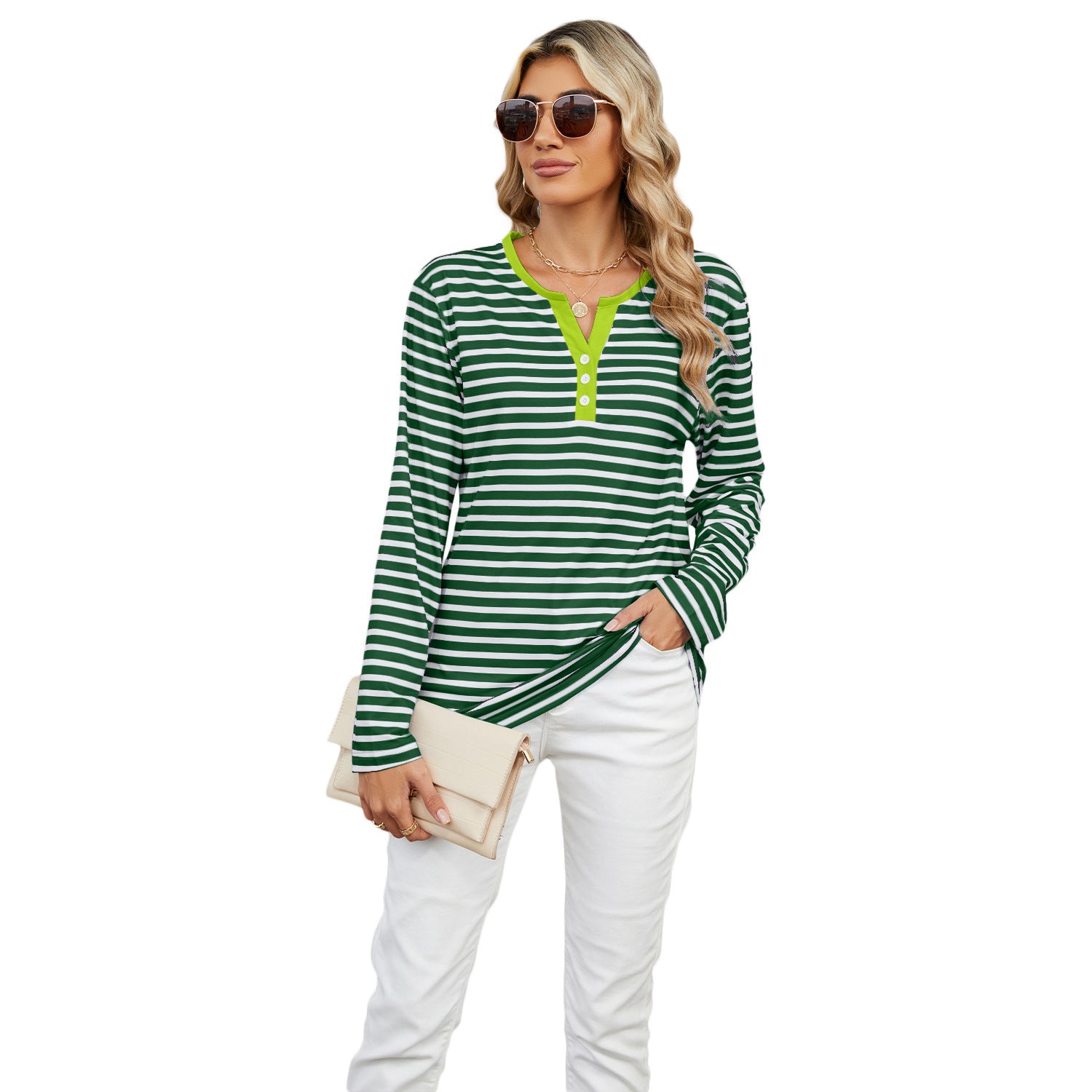 Women's V-neck Striped Loose Long-sleeved T-shirt Top
