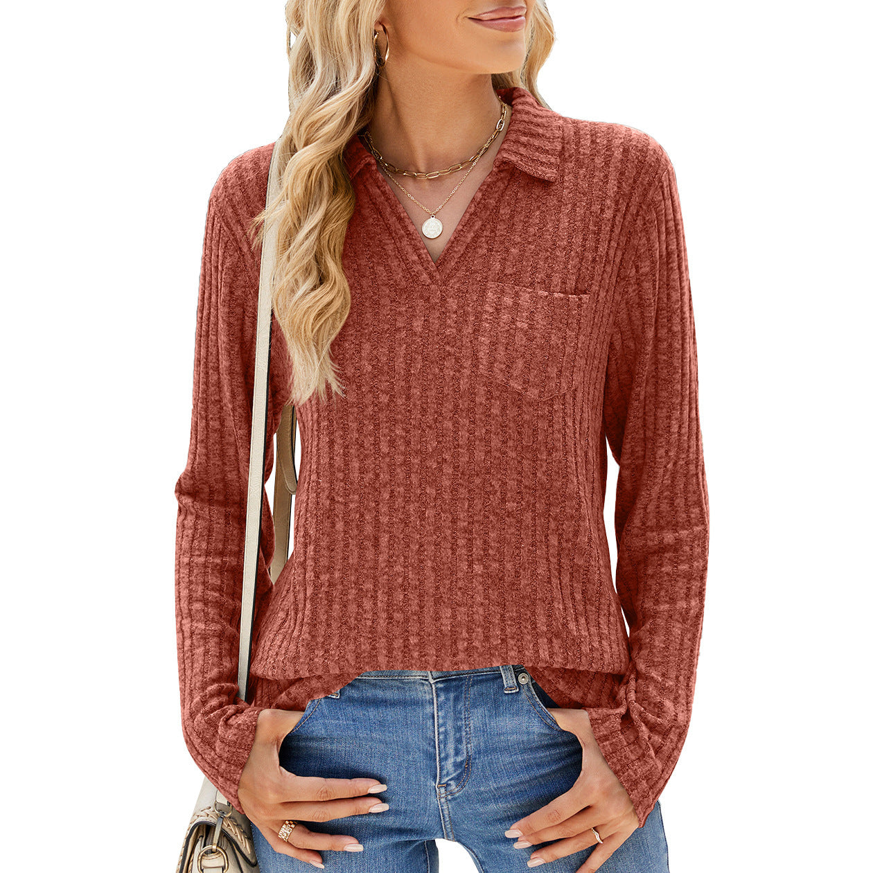 Solid Color Polo Collar Pocket Long Sleeve Loose-fitting T-shirt Top Women
