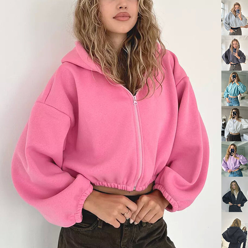 Casual Solid Color Hooded Short Jacket Y2K Fashion Sports Sweatshirt Long Sleeve Zip Up Cardigan Hoodies Women's Clothing
