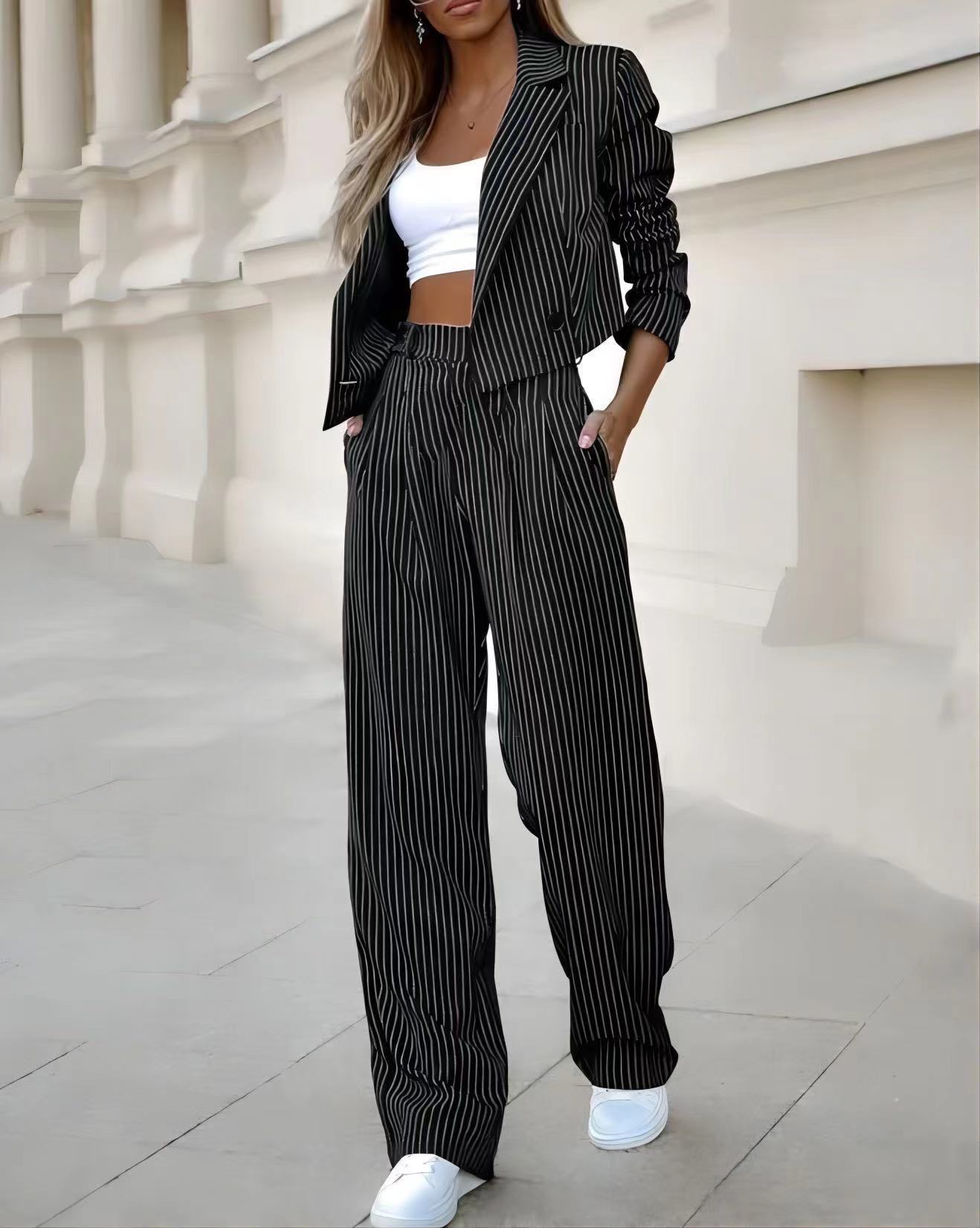 Fashion Striped Suits Casual Lapel Long Sleeve Cropped Top And Straight Pants Outfits Women's Clothing
