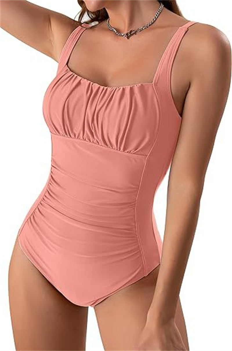 Sexy Square Neck One-piece Bikini Summer New Solid Color Pleated Design Swimsuit Beach Vacation Womens Clothing
