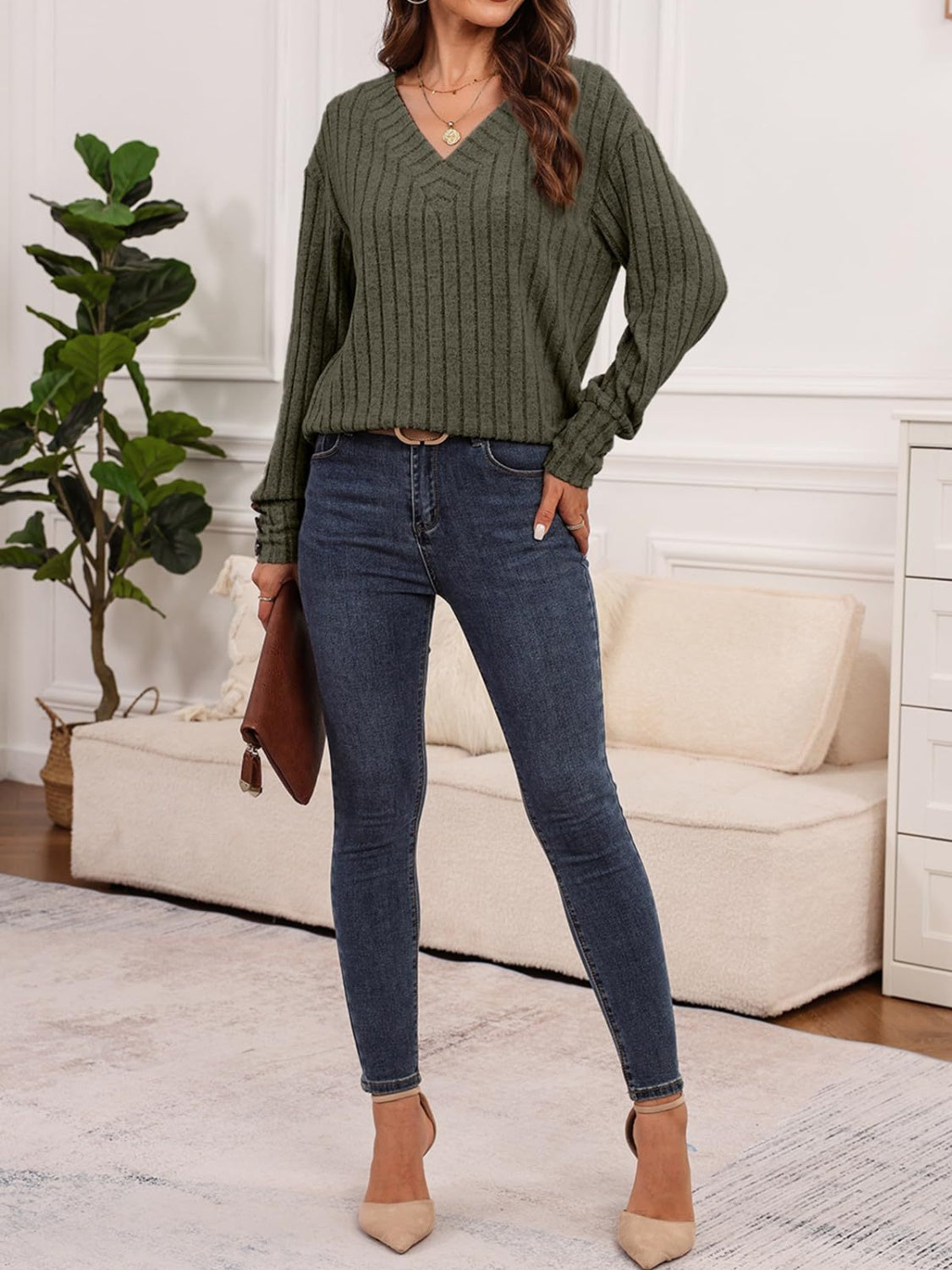 Ribbed V-Neck Long Sleeve T-Shirt
