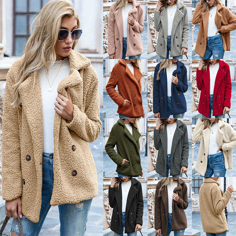 Button Lapel Jacket Winter Loose Fluffy Cardigan Sweater Coat Women
