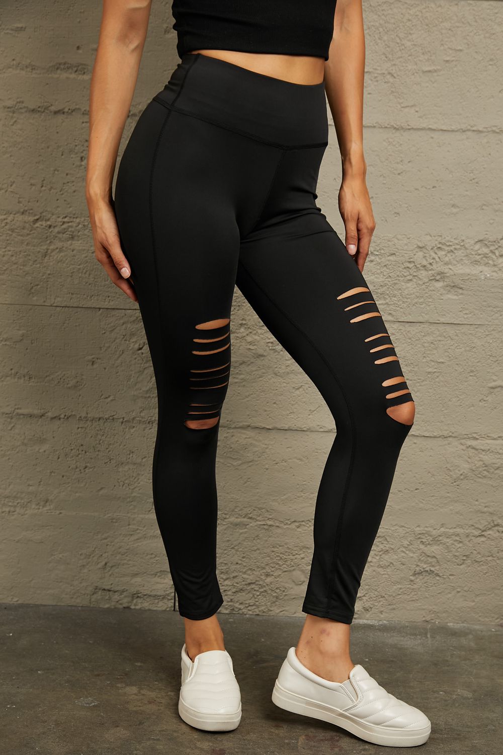 Wide Waistband Distressed Slim Fit Leggings
