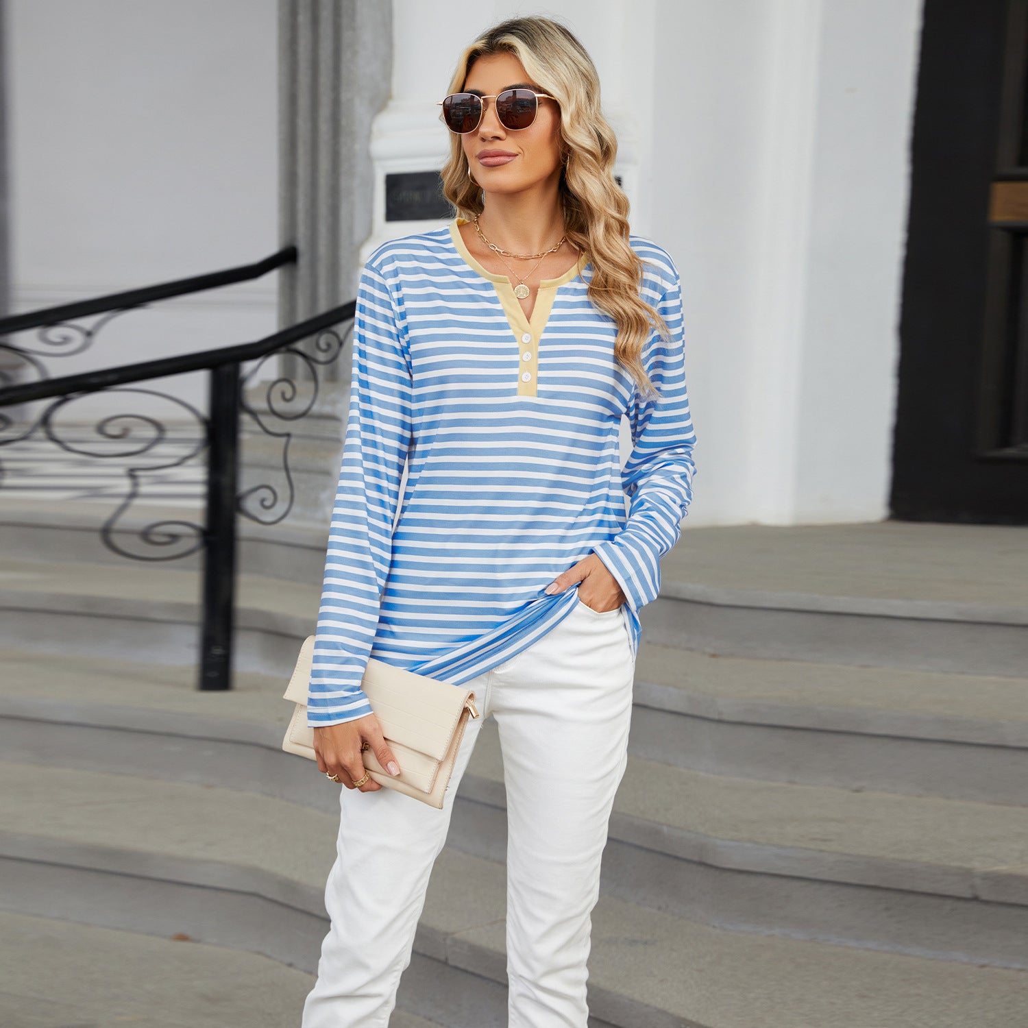 Women's V-neck Striped Loose Long-sleeved T-shirt Top
